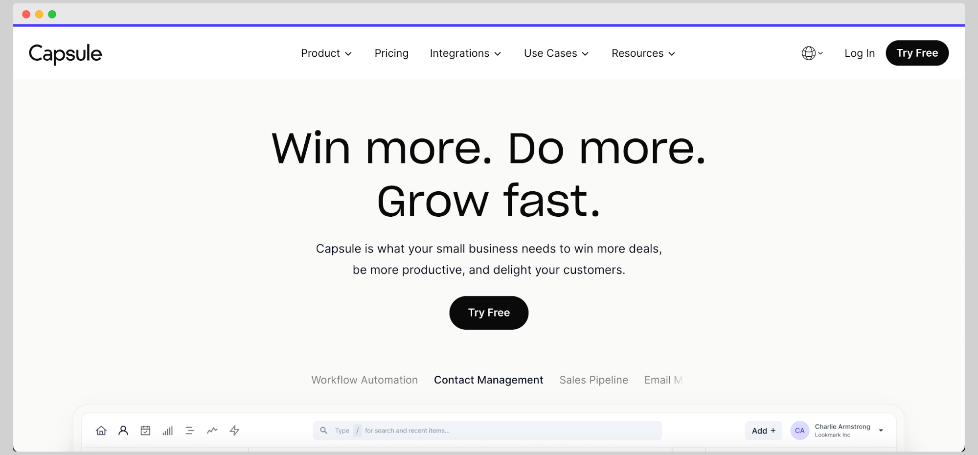 Página de inicio de Capsule CRM con texto en negrita de color negro que dice ‘Gana más. Haz más. Crece rápido.’ destacando los beneficios de productividad y experiencia del cliente para pequeñas empresas.