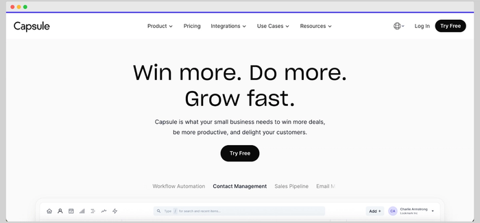 Capsule CRM homepage featuring the slogan "Win more. Do more. Grow fast." with a black "Try Free" button and navigation menu.