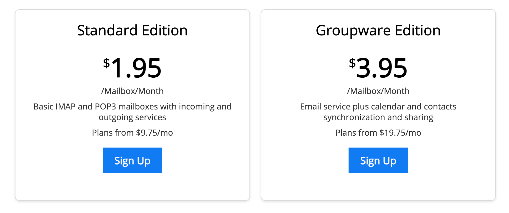 Pricing cards for Standard and Groupware email plans.