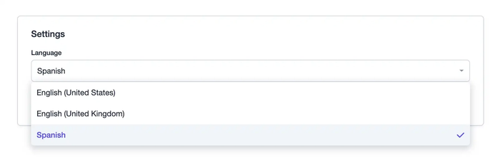 Seletor de idioma em forma de menu suspenso dentro da interface Capsule mostrando Espanhol como uma opção