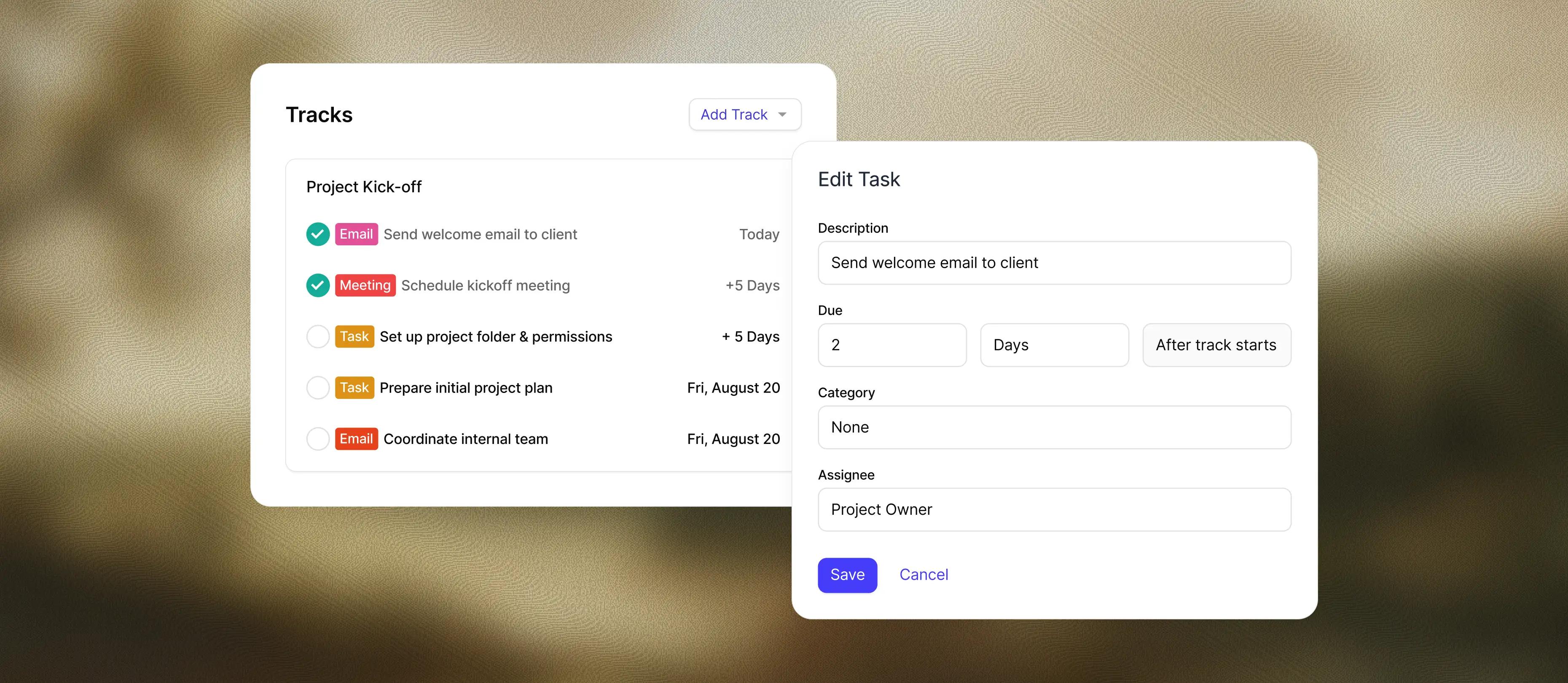 Task management app with a "Project Kick-off" task list and an "Edit Task" form.