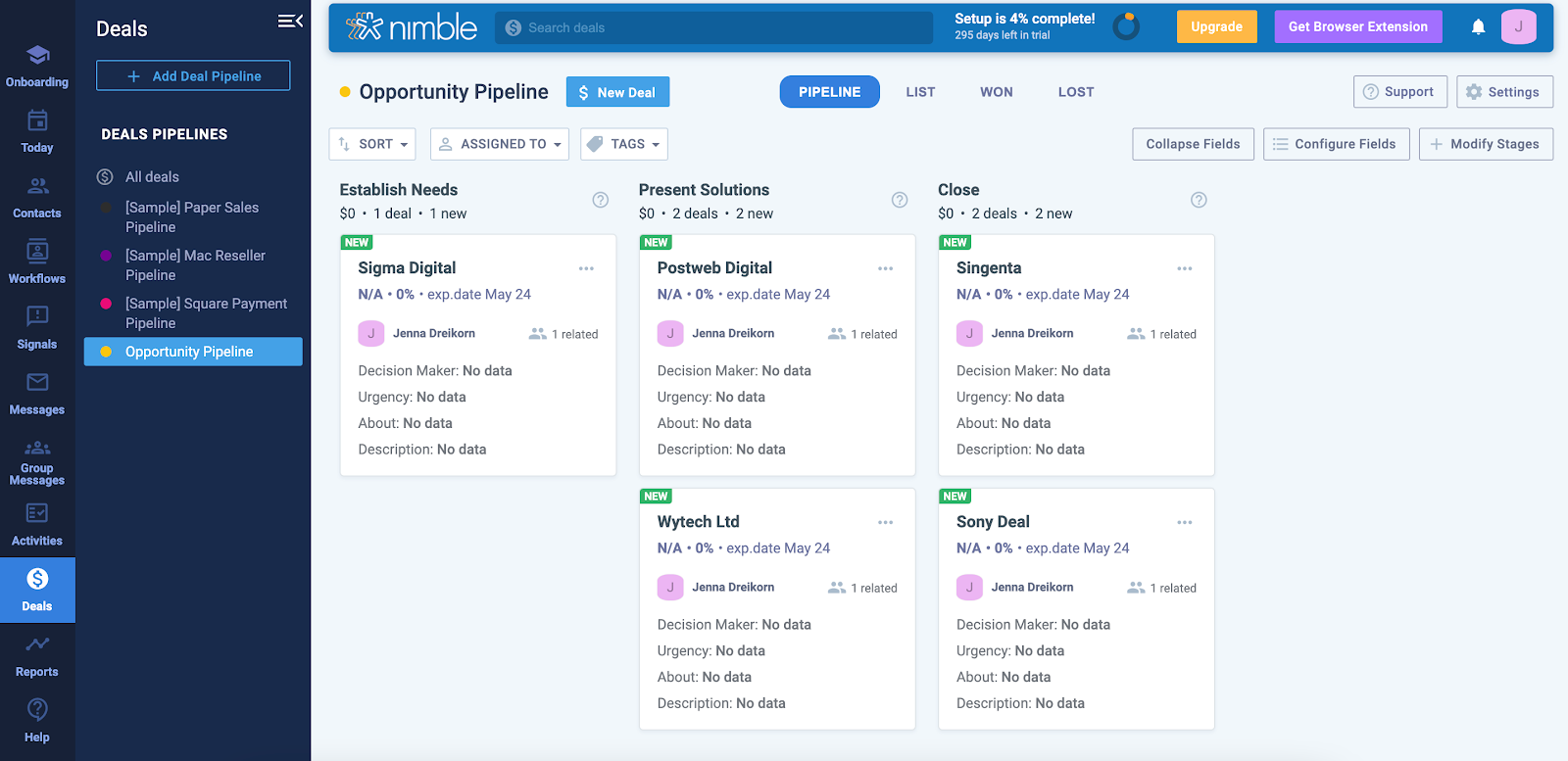 Screenshot of the Nimble CRM "Deals" section, showing an "Opportunity Pipeline" with deal cards organized into stages.