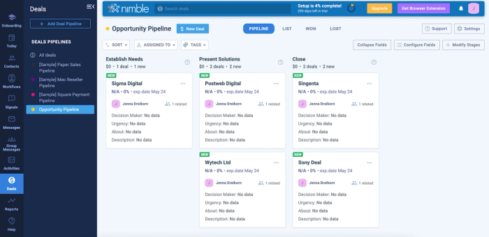 Screenshot of the Nimble CRM "Deals" section, showing an "Opportunity Pipeline" with deal cards organized into stages.