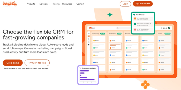 Insightly CRM landing page featuring a sales pipeline dashboard.