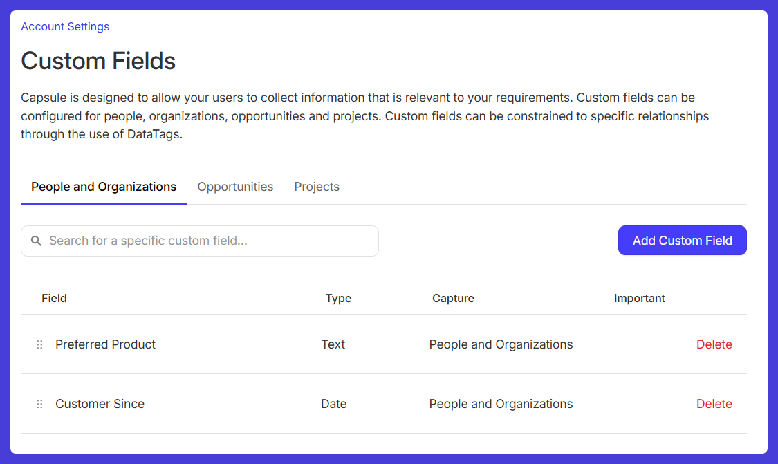 Capsule CRM’s custom fields settings page showing "Preferred Product" and "Customer Since" fields configured for people and organizations.