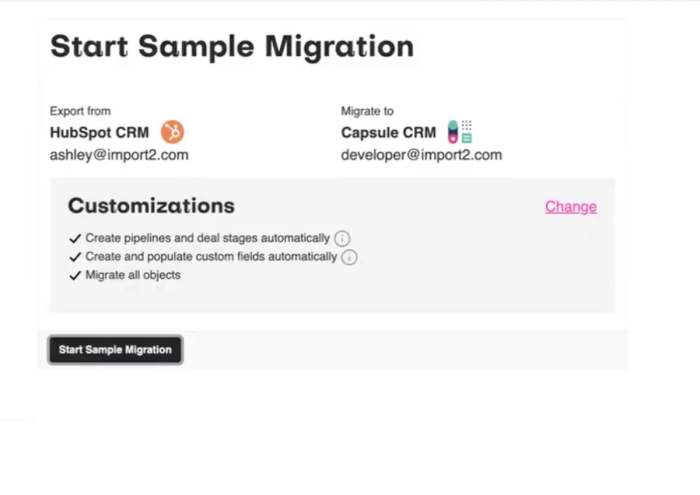 a screenshot of the Import2 migration page before the sample migration is started