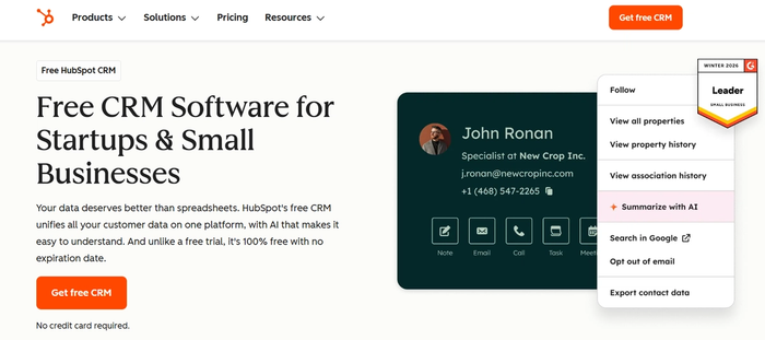 HubSpot CRM page promoting free software for small businesses, showing a contact card with "Summarize with AI" option highlighted.