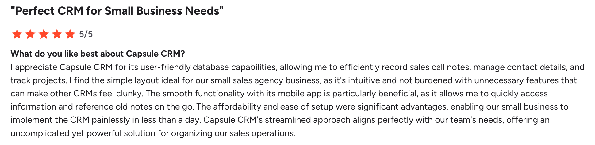 5/5 star review for Capsule CRM, titled 'Perfect CRM for Small Business Needs', highlighting its user-friendliness and mobile app functionality.