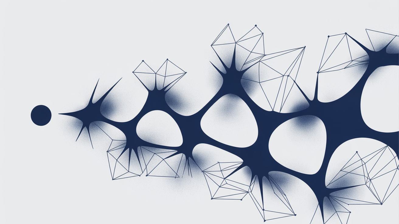 Abstract illustration of a dark blue organic network resembling neurons, connected to geometric wireframes, on a light grey background.