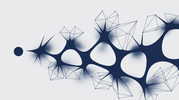 Abstract illustration of a dark blue organic network resembling neurons, connected to geometric wireframes, on a light grey background.