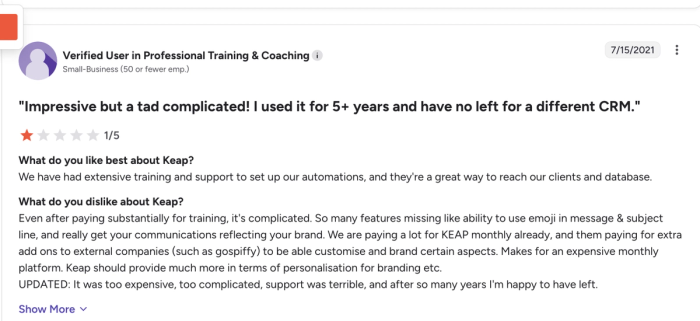 a review for a company called verified user in professional training & coaching