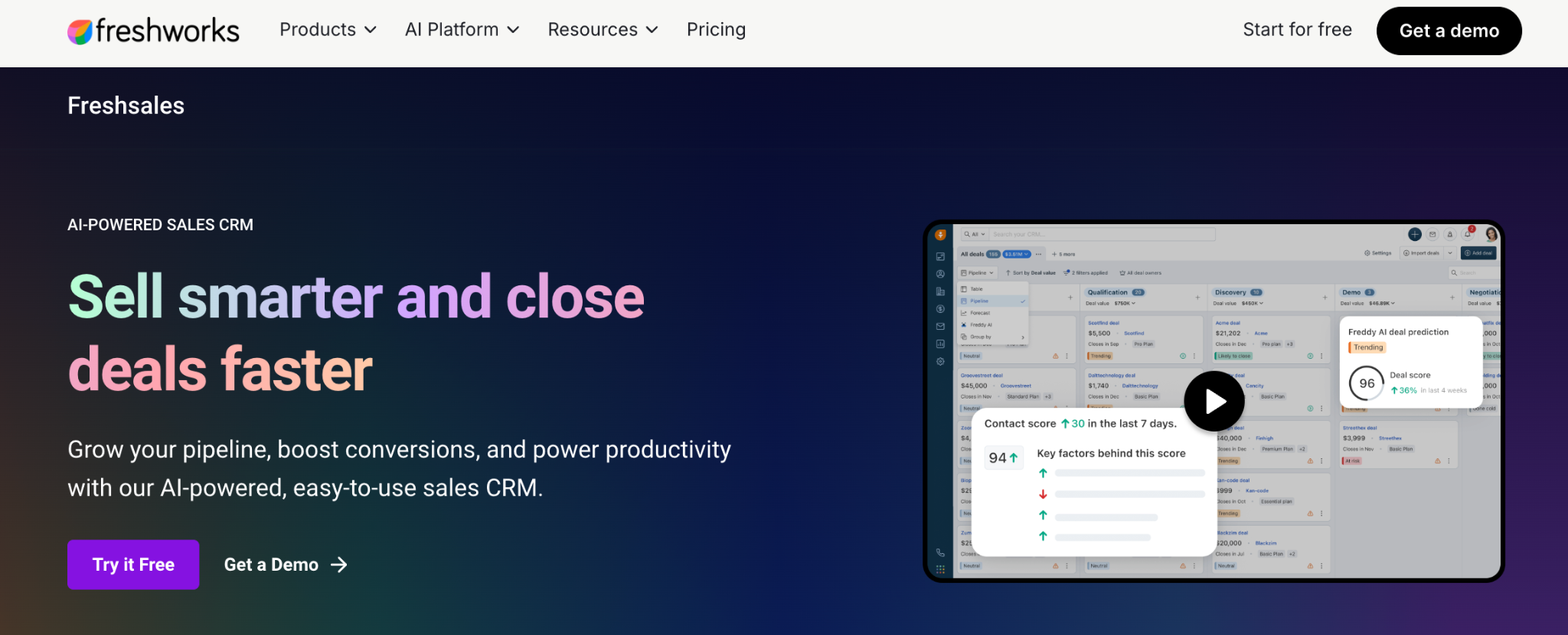 Freshsales AI-powered sales CRM landing page featuring the product dashboard and the headline 'Sell smarter and close deals faster'.