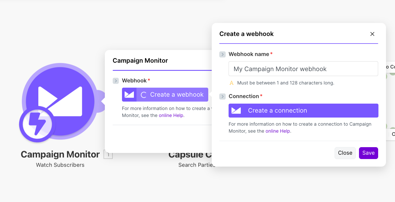 campaign monitor modal showing the option to create a connection