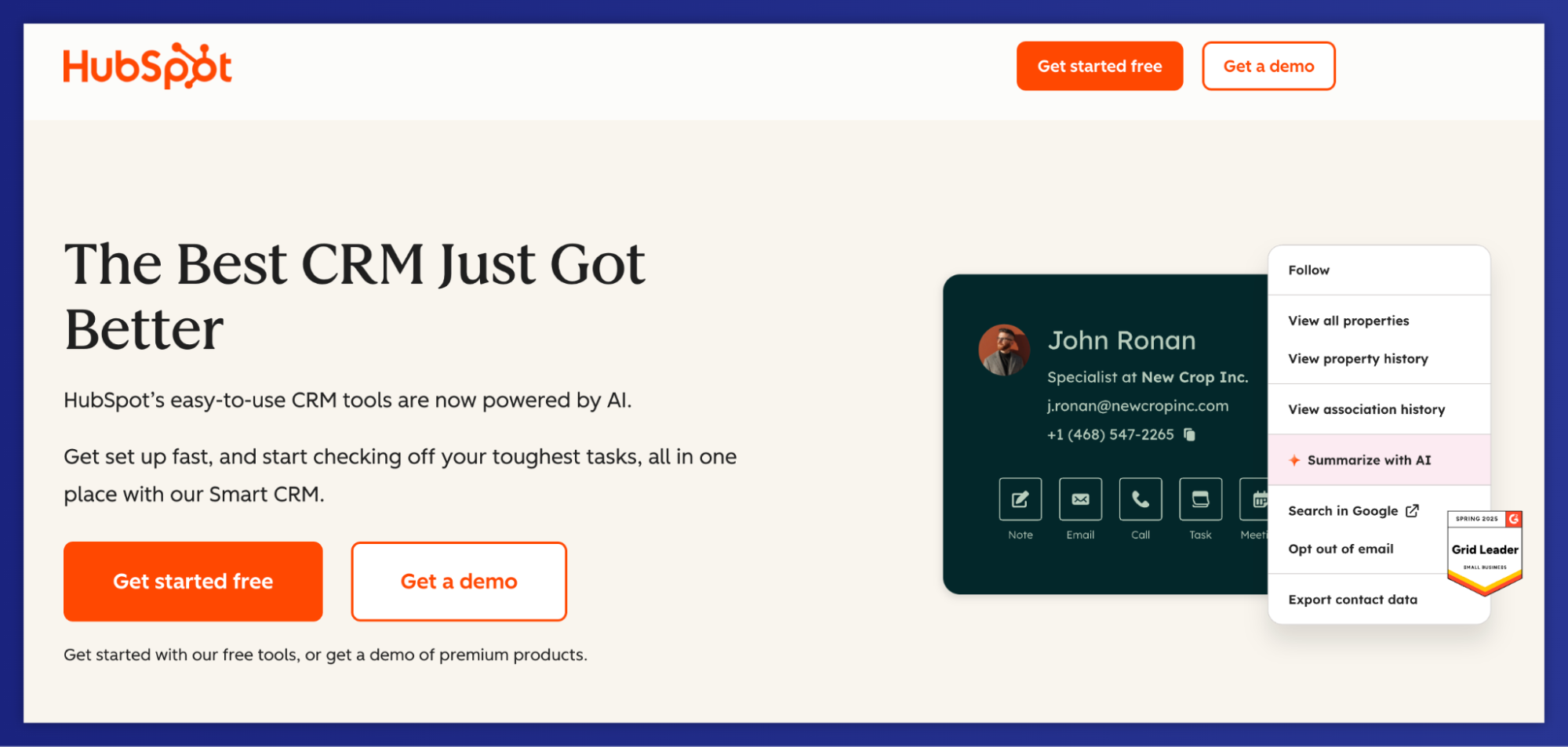 Página de destino de HubSpot que muestra su CRM impulsado por IA, con una tarjeta de contacto y una opción destacada de "Resumir con IA".