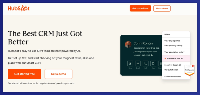 HubSpot CRM interface featuring AI tools, with a contact card and "Summarize with AI" option highlighted.