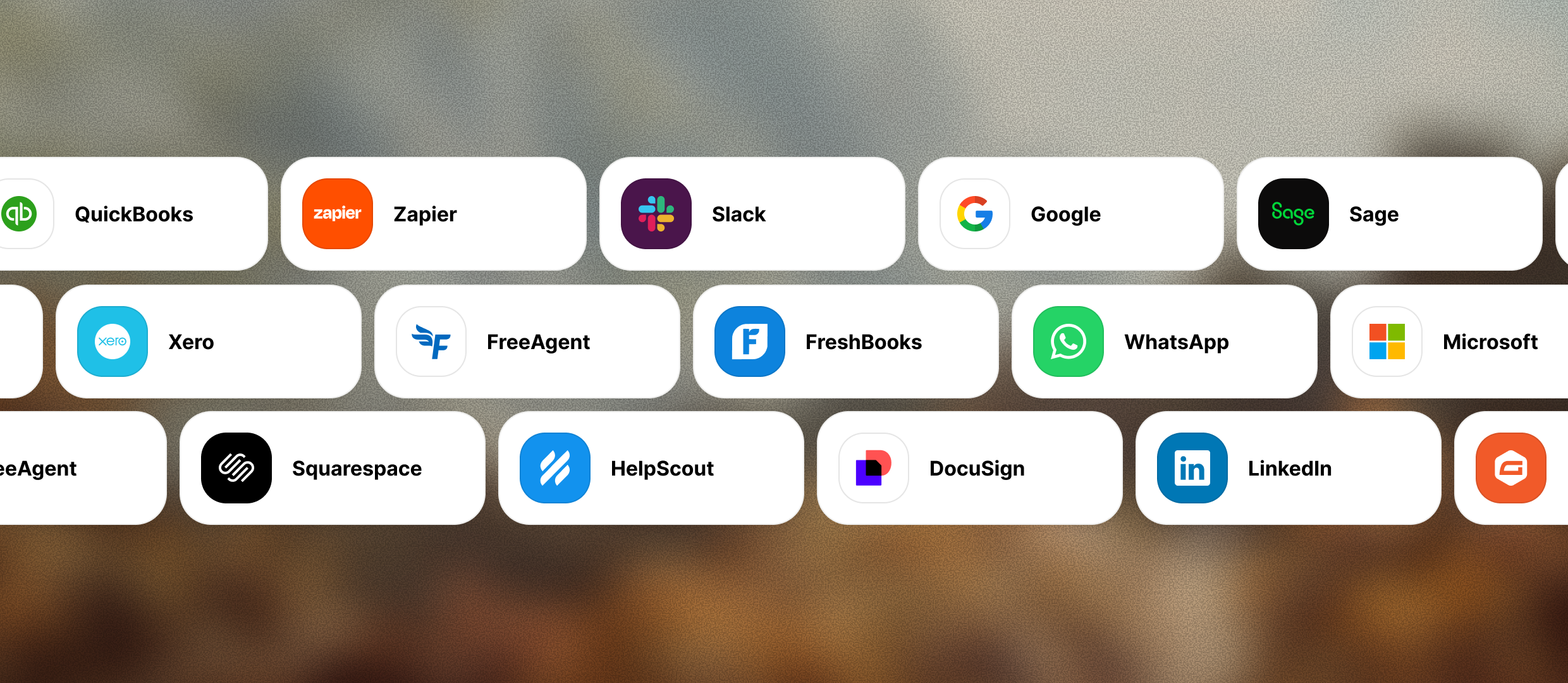 A grid of popular software logos including QuickBooks, Zapier, Slack, Google, Xero, and LinkedIn.
