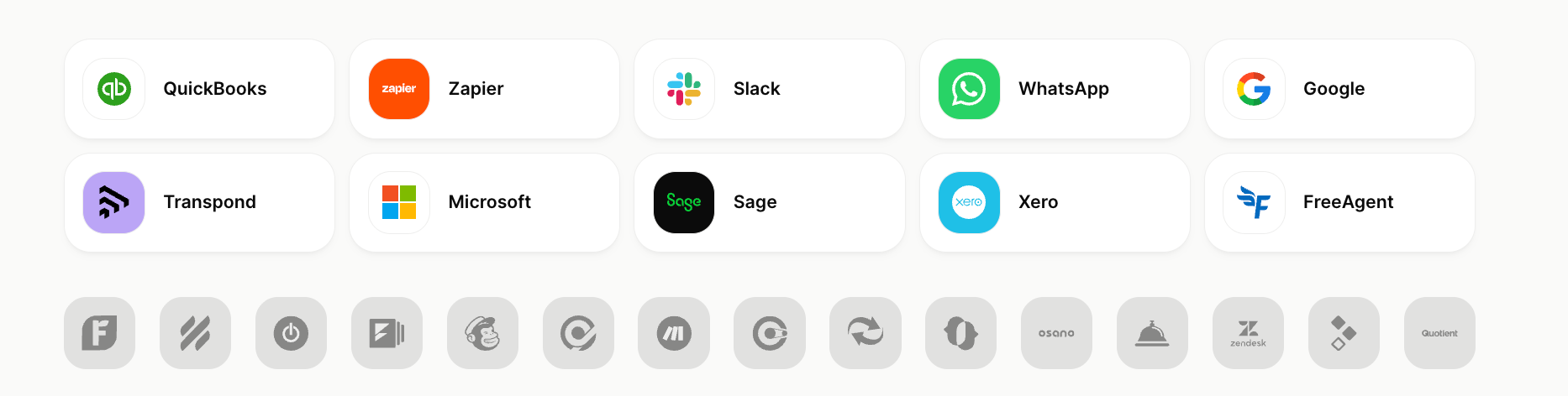 Logos and names for QuickBooks, Zapier, Slack, WhatsApp, Google, Transpond, Microsoft, Sage, Xero, and FreeAgent applications.