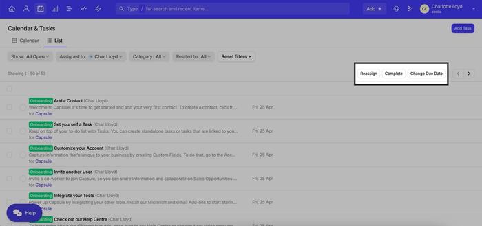 Task list, with bulk actions available such as reassign, complete and change due date