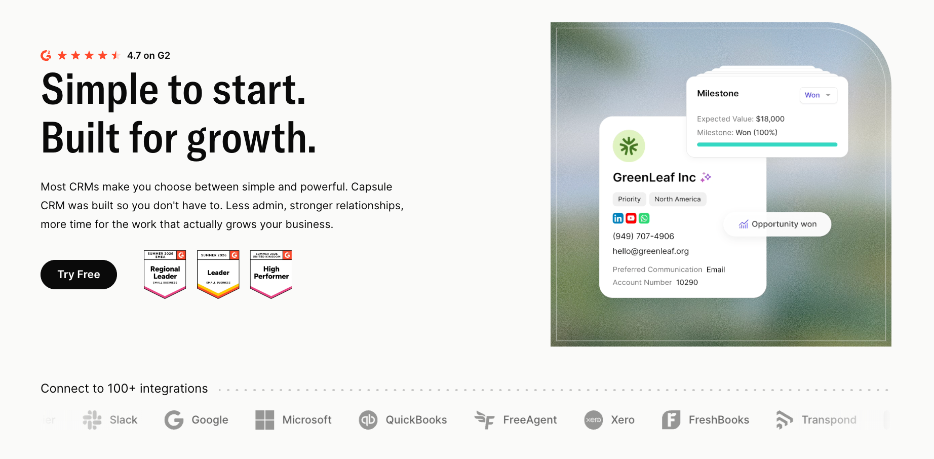 Capsule CRM marketing page with "Simple to start. Built for growth." headline, industry badges, integration logos, and a CRM dashboard showing a won opportunity.