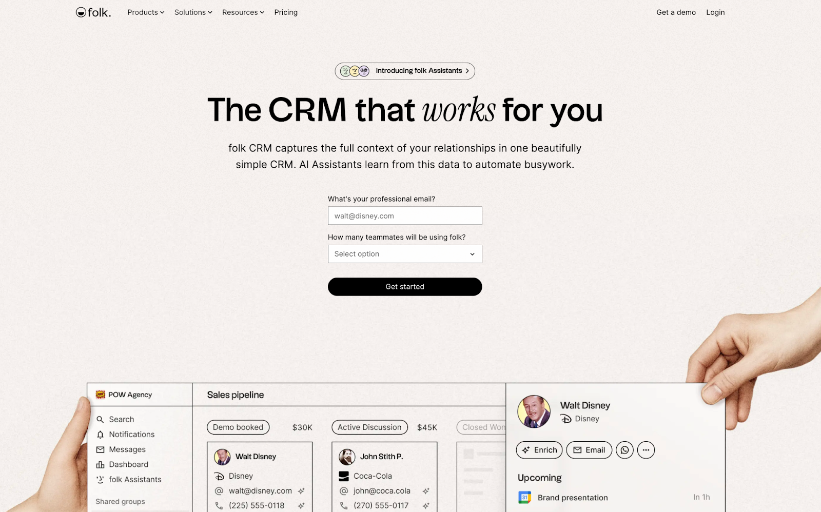 Folk CRM website homepage with a signup form, and hands interacting with a dashboard showing a sales pipeline and Walt Disney's contact card.