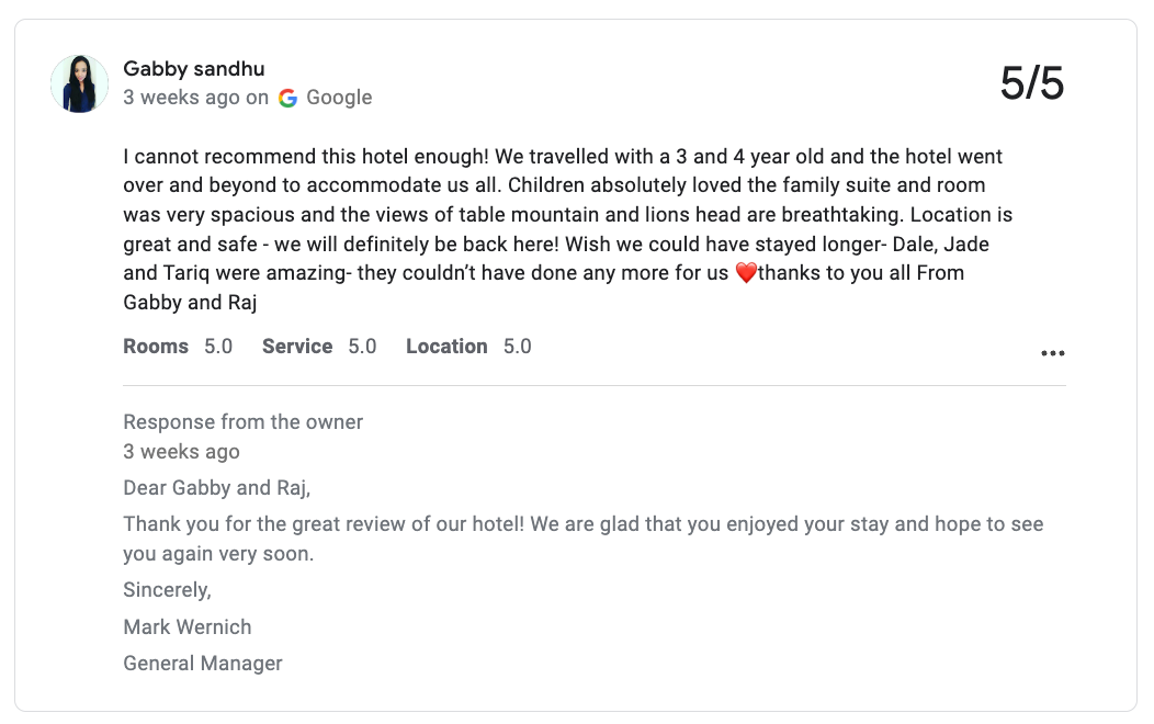 Gabby Sandhu's 5/5 Google review for a hotel, praising its spacious rooms, views, and staff, with the manager's response.