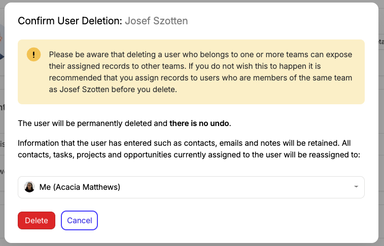 Modal for deleting a user with dropdown to assign tasks to another user