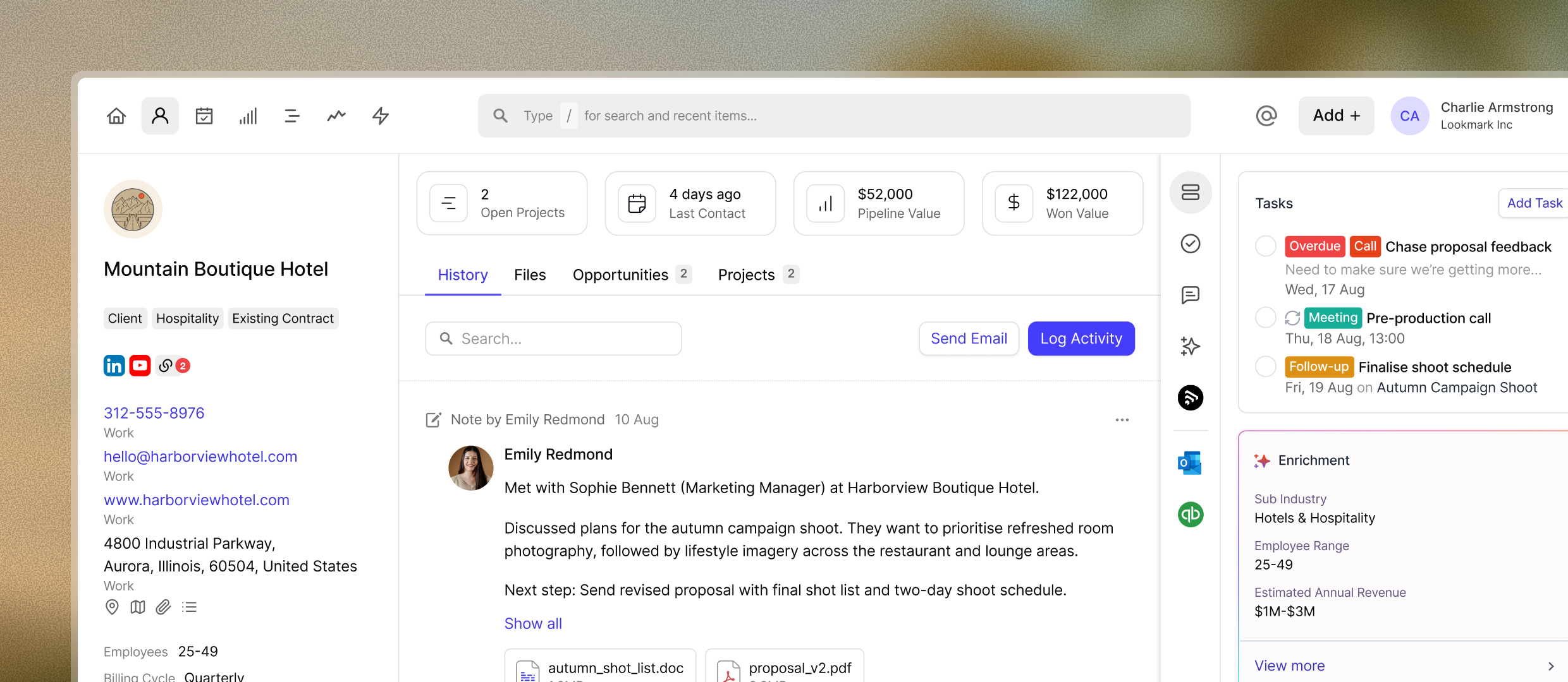 A Capsule CRM contact record showing client details, conversations, and follow-up tasks in one place.