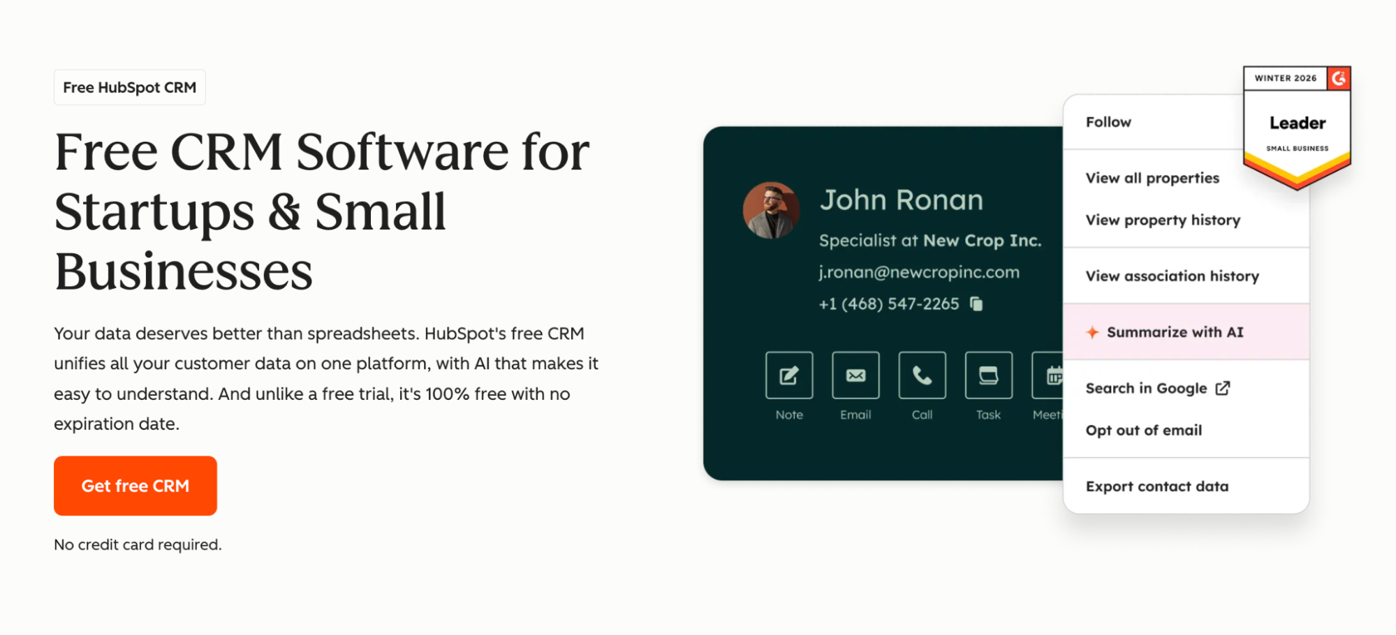 HubSpot CRM interface showing a contact card and a menu with 'Summarize with AI' highlighted, promoting free CRM for small businesses, with a 'Leader' badge.