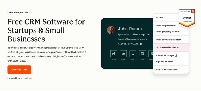 HubSpot CRM interface showing a contact card and a menu with 'Summarize with AI' highlighted, promoting free CRM for small businesses, with a 'Leader' badge.