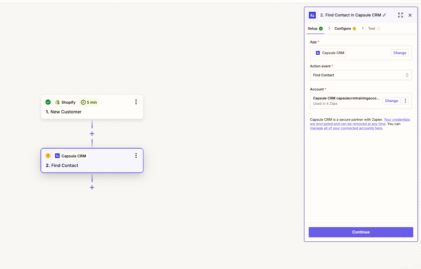 affichage de l'onglet de configuration pour la recherche de contact dans le modèle de zap Shopify