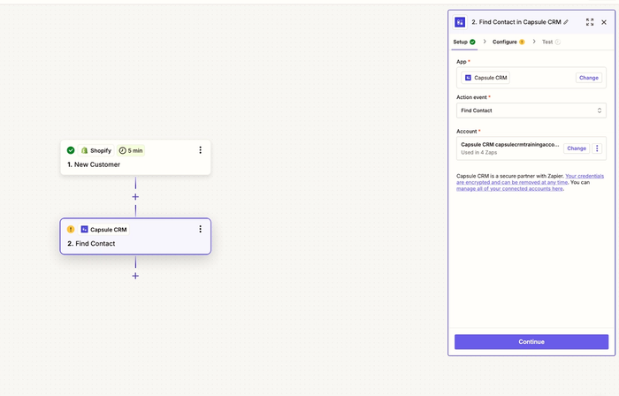 showing the set up tab for find contact step in shopify zap template