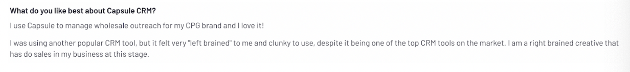 Quote: I use Capsule to manage wholesale outreach for my CPG brand and I love it!
