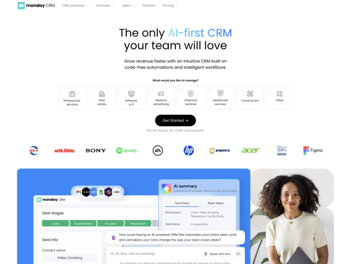monday CRM website promoting its AI-first CRM with an interface screenshot featuring an AI summary and a smiling woman.