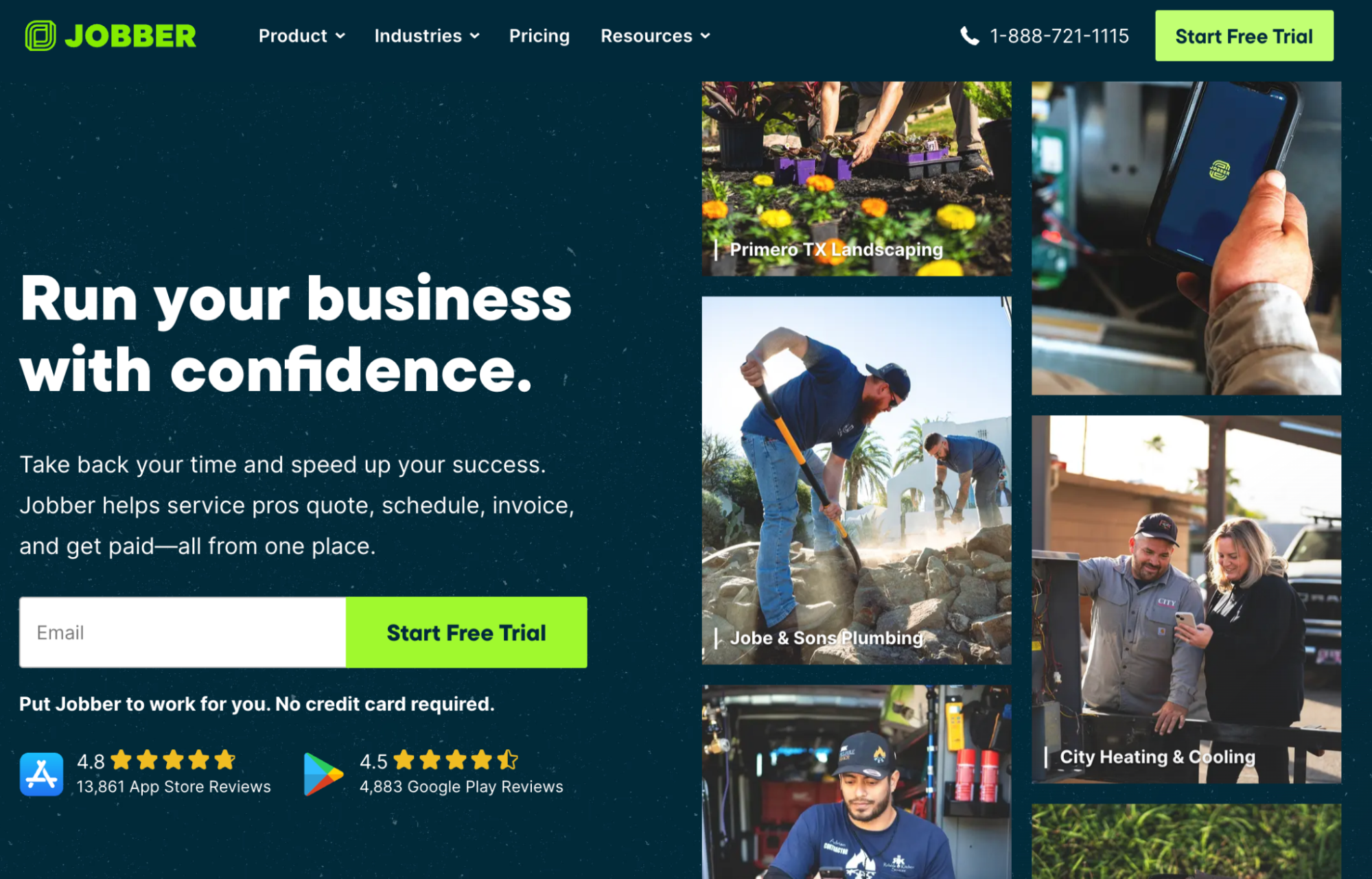 Jobber website screenshot showing "Run your business with confidence" and various service professionals using the Jobber app.