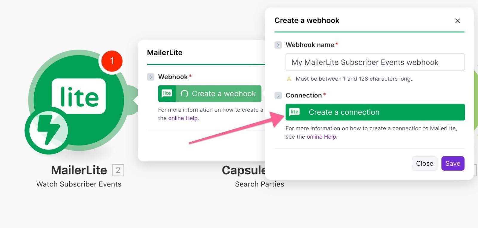 button to create a mailerlite connection highlighted in make scenario