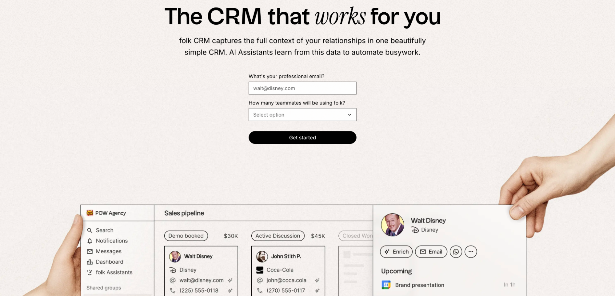 A website displays a CRM dashboard held by two hands, showing a sales pipeline with contact cards for Walt Disney and others. Above, text reads "The CRM that works for you" with an email sign-up form.