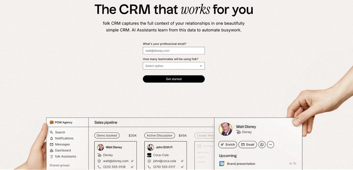 A website displays a CRM dashboard held by two hands, showing a sales pipeline with contact cards for Walt Disney and others. Above, text reads "The CRM that works for you" with an email sign-up form.