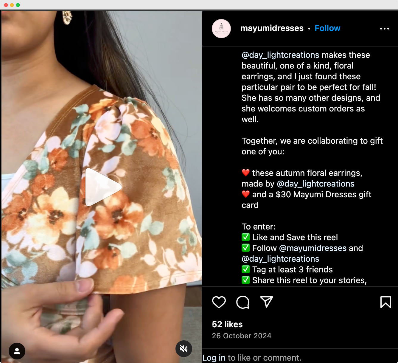 Mayumi Dresses Instagram post.