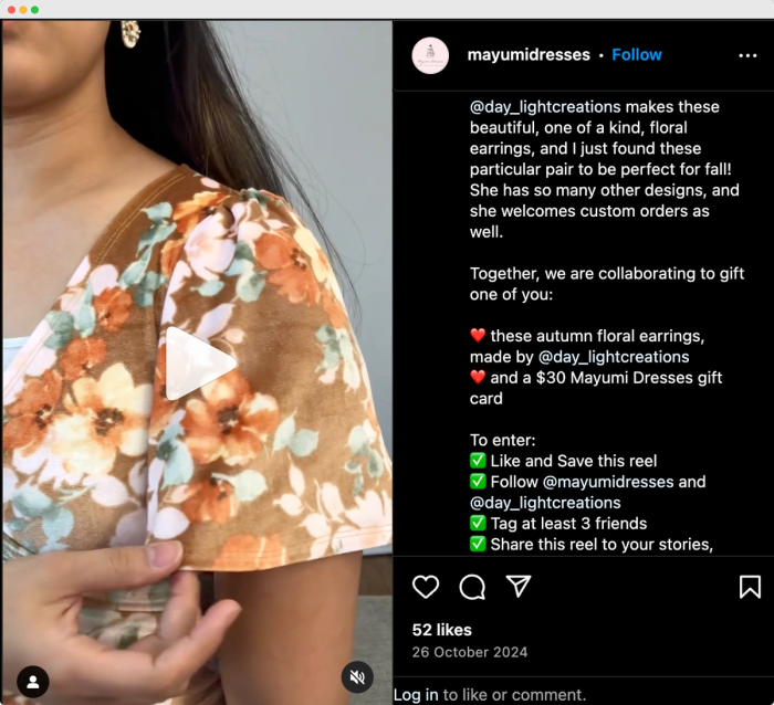 Mayumi Dresses Instagram post.
