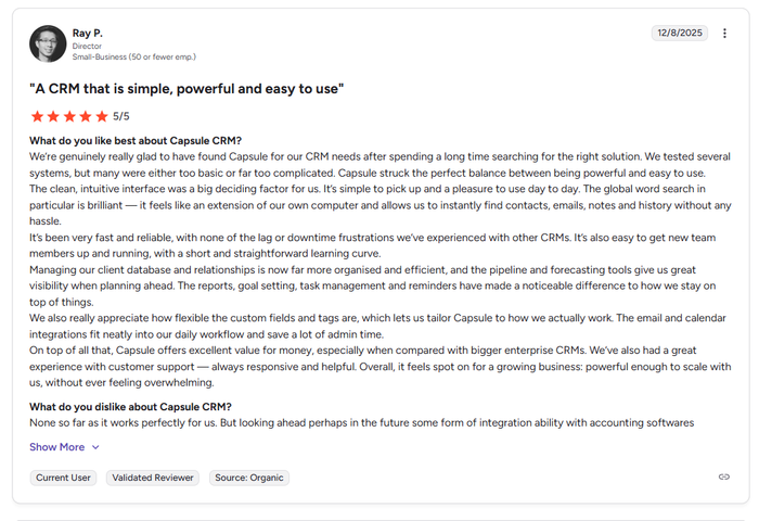 A customer review for Capsule CRM, titled "A CRM that is simple, powerful and easy to use," with a 5/5 star rating from Ray P., a Small-Business Director.