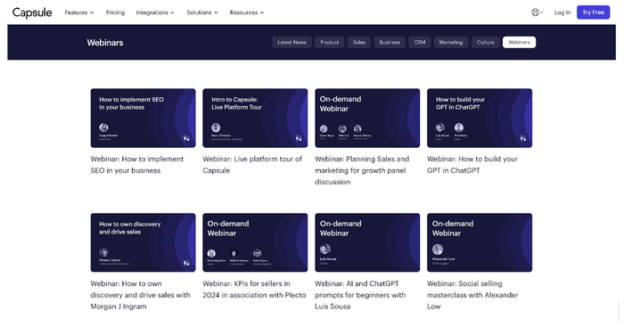 a screenshot of the capsule webinars page