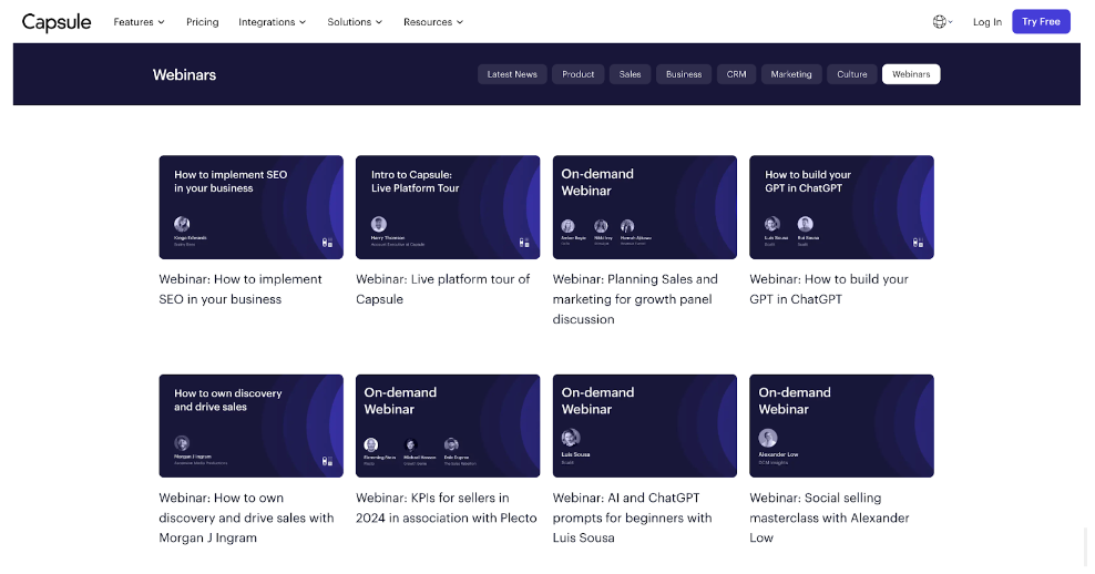 a screenshot of the capsule webinars page