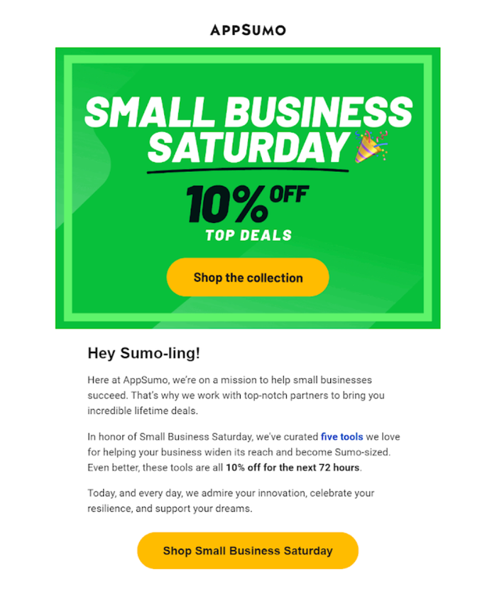 a small business saturday email from appsumo