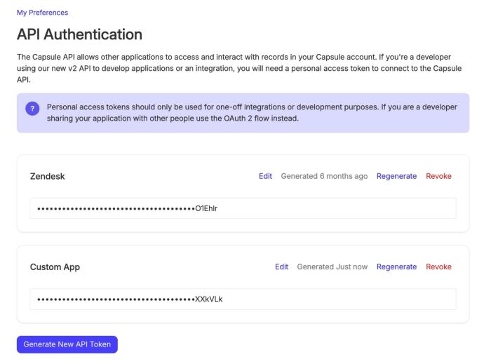 imagen que muestra la página de Autenticación de API en "Mis preferencias", donde se pueden generar, regenerar o revocar tokens de API