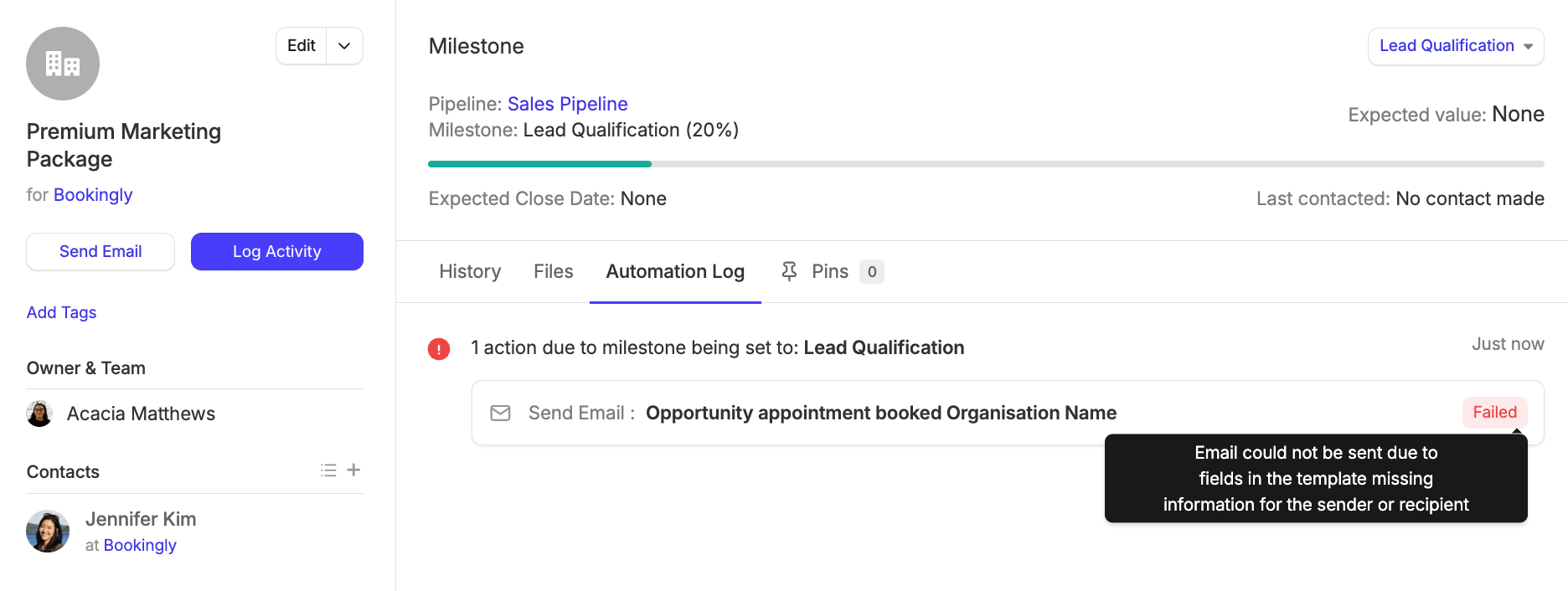 showing automation tab for a workflow automation with failed opportunity action