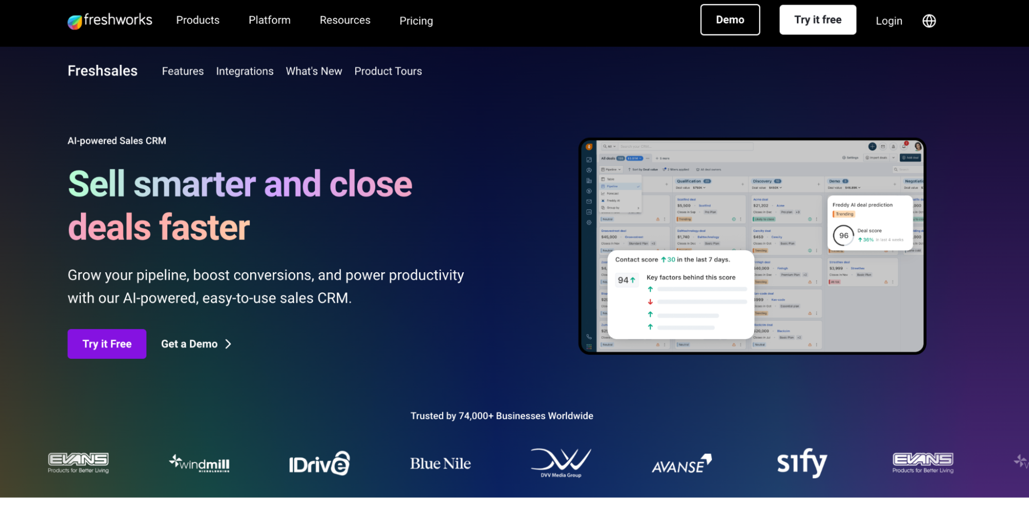 Freshsales CRM website with the slogan "Sell smarter and close deals faster" next to a dashboard showing sales data and AI-powered predictions.