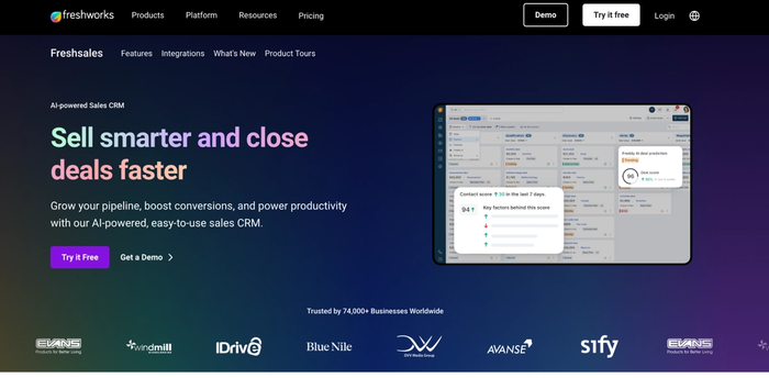 Freshsales CRM website with the slogan "Sell smarter and close deals faster" next to a dashboard showing sales data and AI-powered predictions.