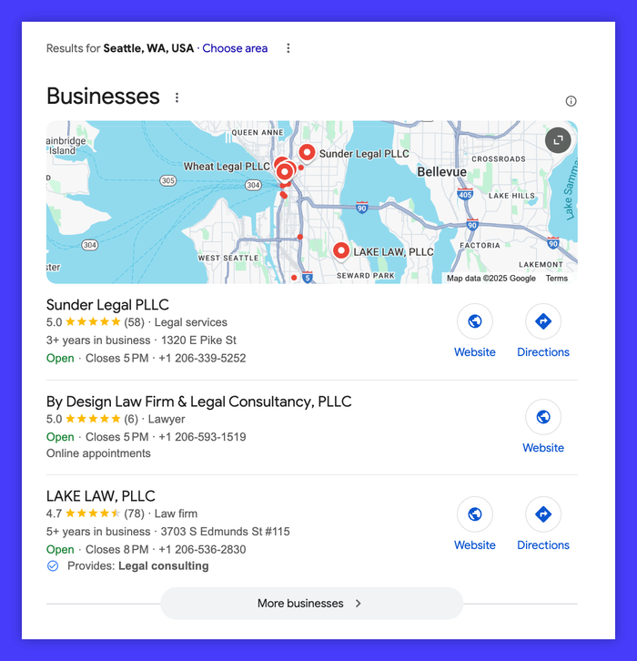 Google map showing businesses in Seattle.