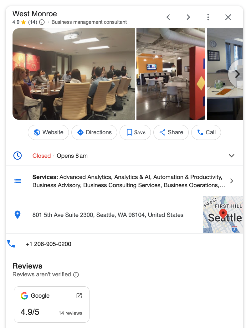 Google business profile for West Monroe in Seattle.