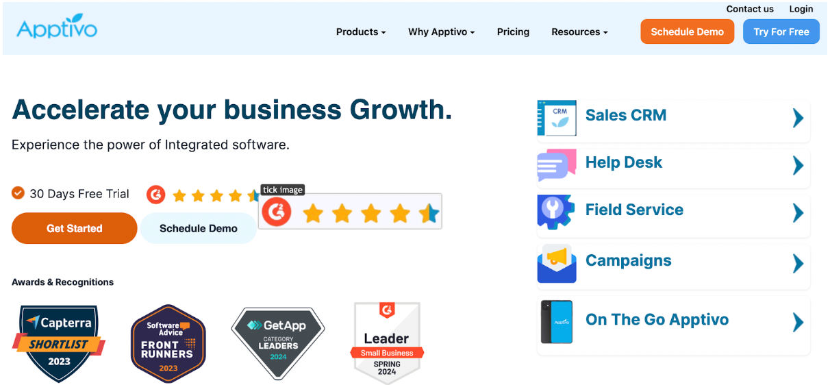 Apptivo homepage 